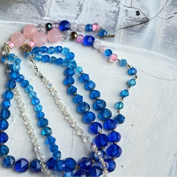 W. Germany VTG Blue Beads OOAK Assemblage Art Necklace Set Repurposed Handmade - Picture 2 of 12